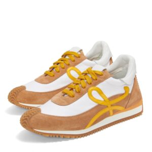 Replica Loewe Women’s Flow Runner Sneakers in White Nylon and Tan Suede