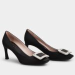 Replica Roger Vivier Trompette Crystal Buckle Pumps in Black Satin