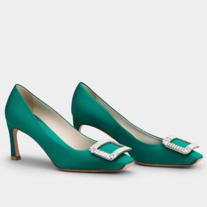 Replica Roger Vivier Trompette Crystal Buckle Pumps in Green Satin