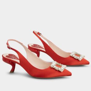 Replica Roger Vivier Virgule Strass Buckle Slingback Pumps in Red Satin