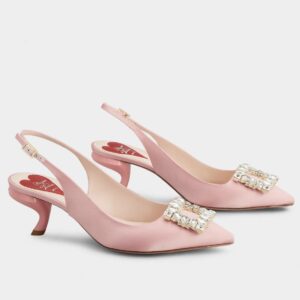 Replica Roger Vivier Virgule Strass Buckle Slingback Pumps in Pink Satin