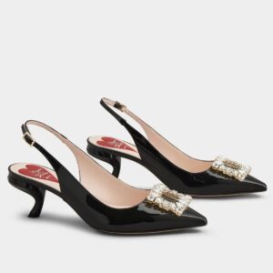 Replica Roger Vivier Virgule Strass Buckle Slingback Pumps in Black Patent Leather