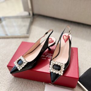 Replica Roger Vivier Virgule Strass Buckle Slingback Pumps in Black Patent Leather 2