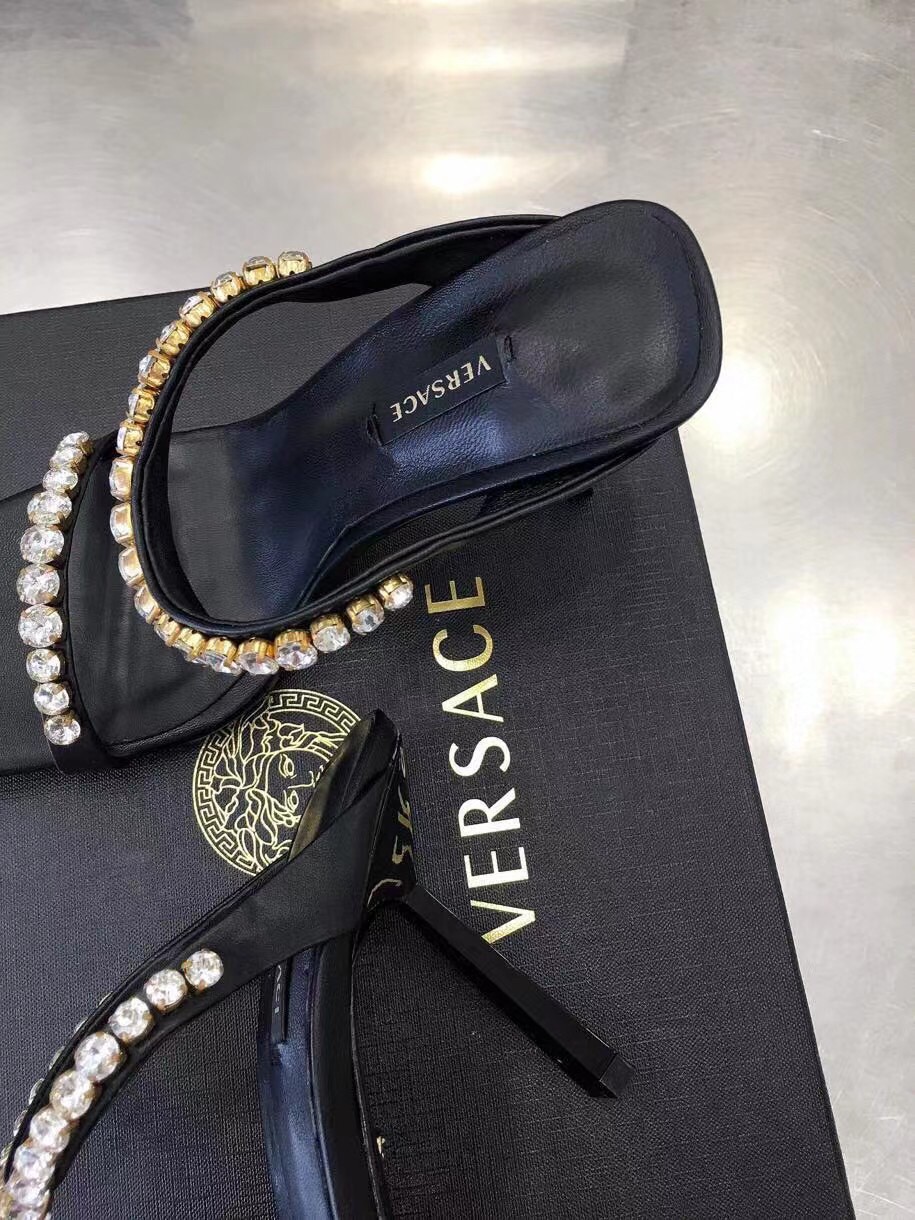 Replica Versace Black Satin Mules 105MM With Rhinestone 109