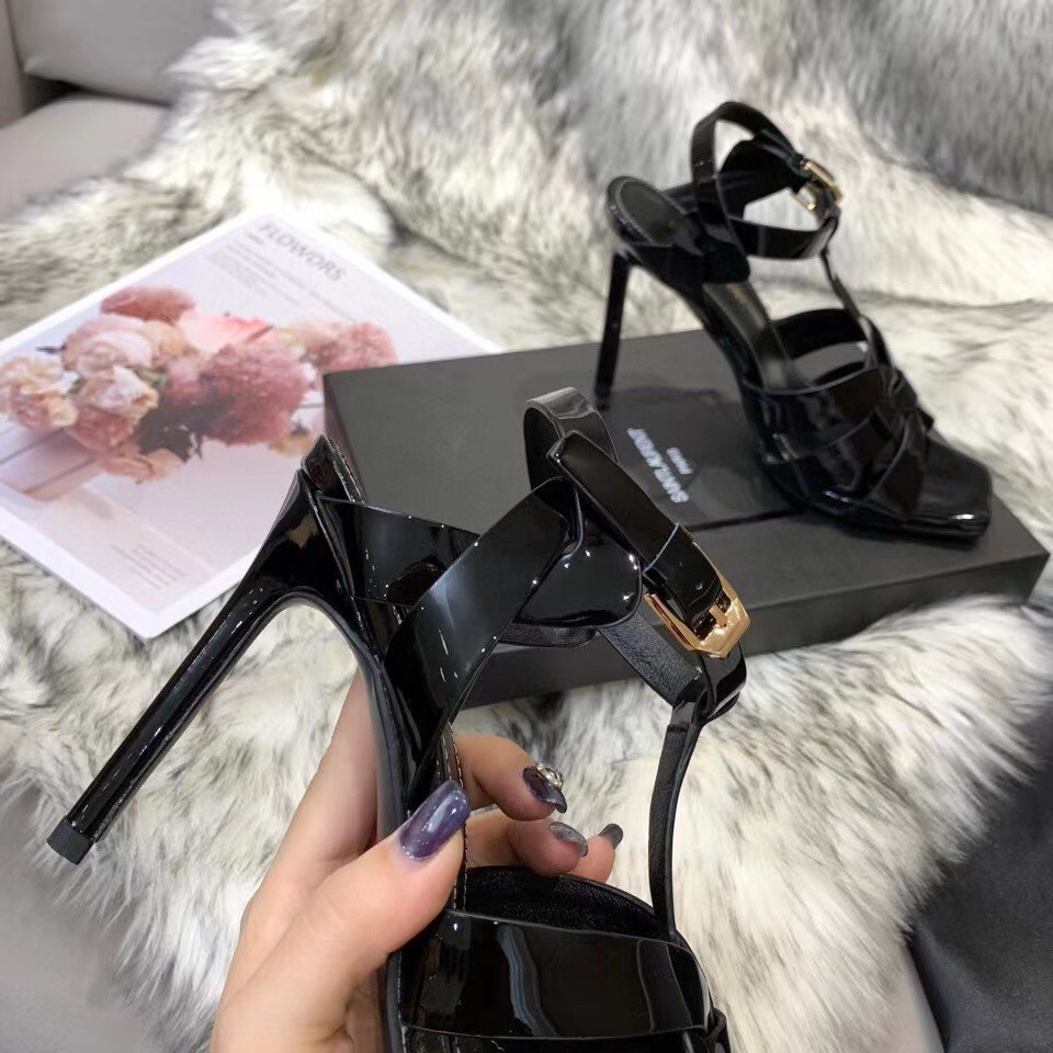 Replica Saint Laurent Tribute Sandals 105 In Black Patent Leather 107