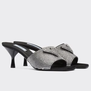 Replica Prada Black Satin Heeled Sandals with White Crystals 102