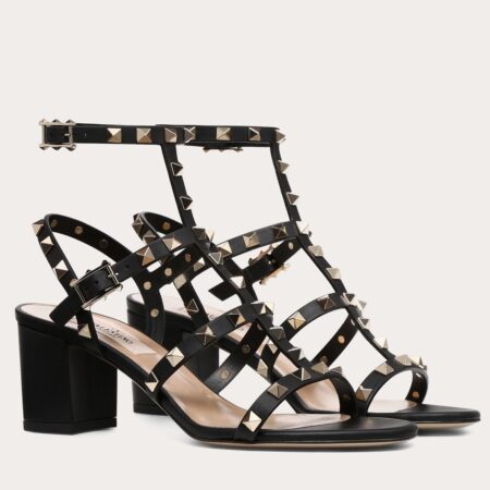 Replica Valentino Rockstud Ankle Strap Sandals 60mm In Black Calfskin