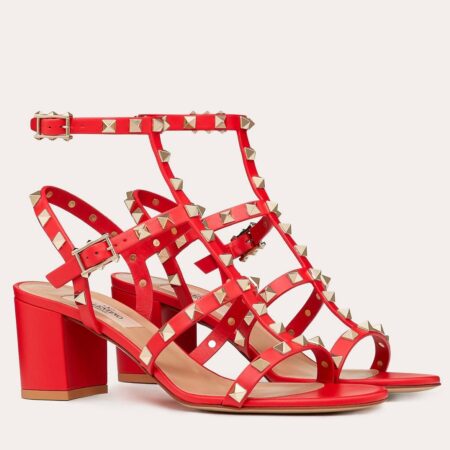 Replica Valentino Rockstud Ankle Strap Sandals 60mm In Red Calfskin