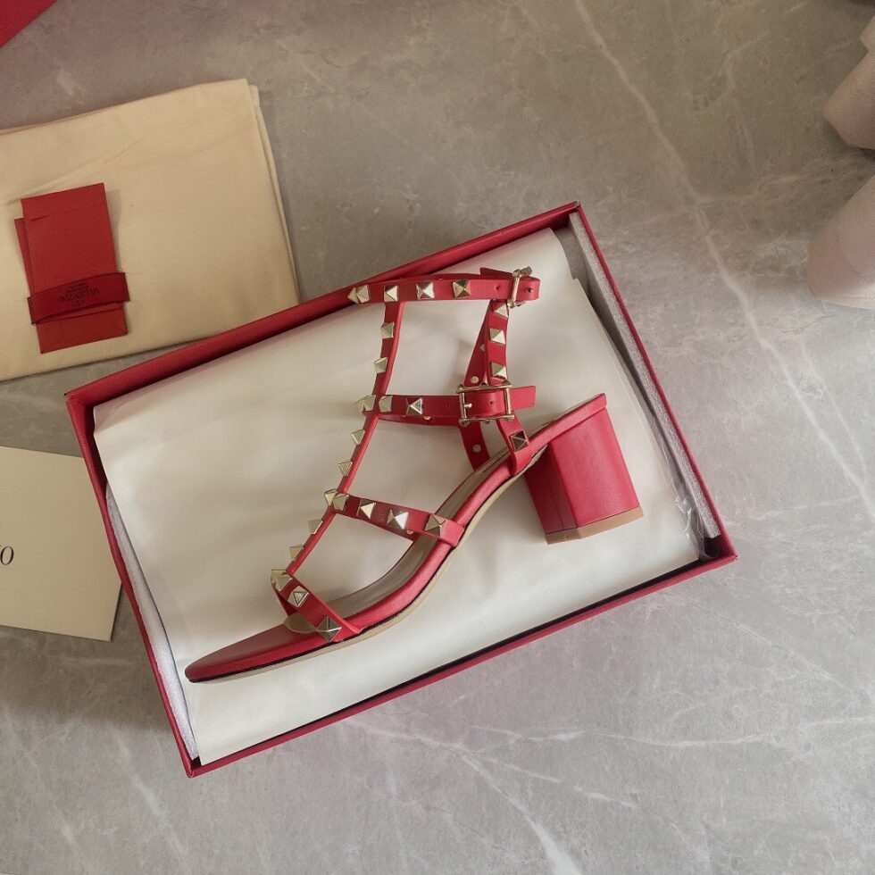 Replica Valentino Rockstud Ankle Strap Sandals 60mm In Red Calfskin 105