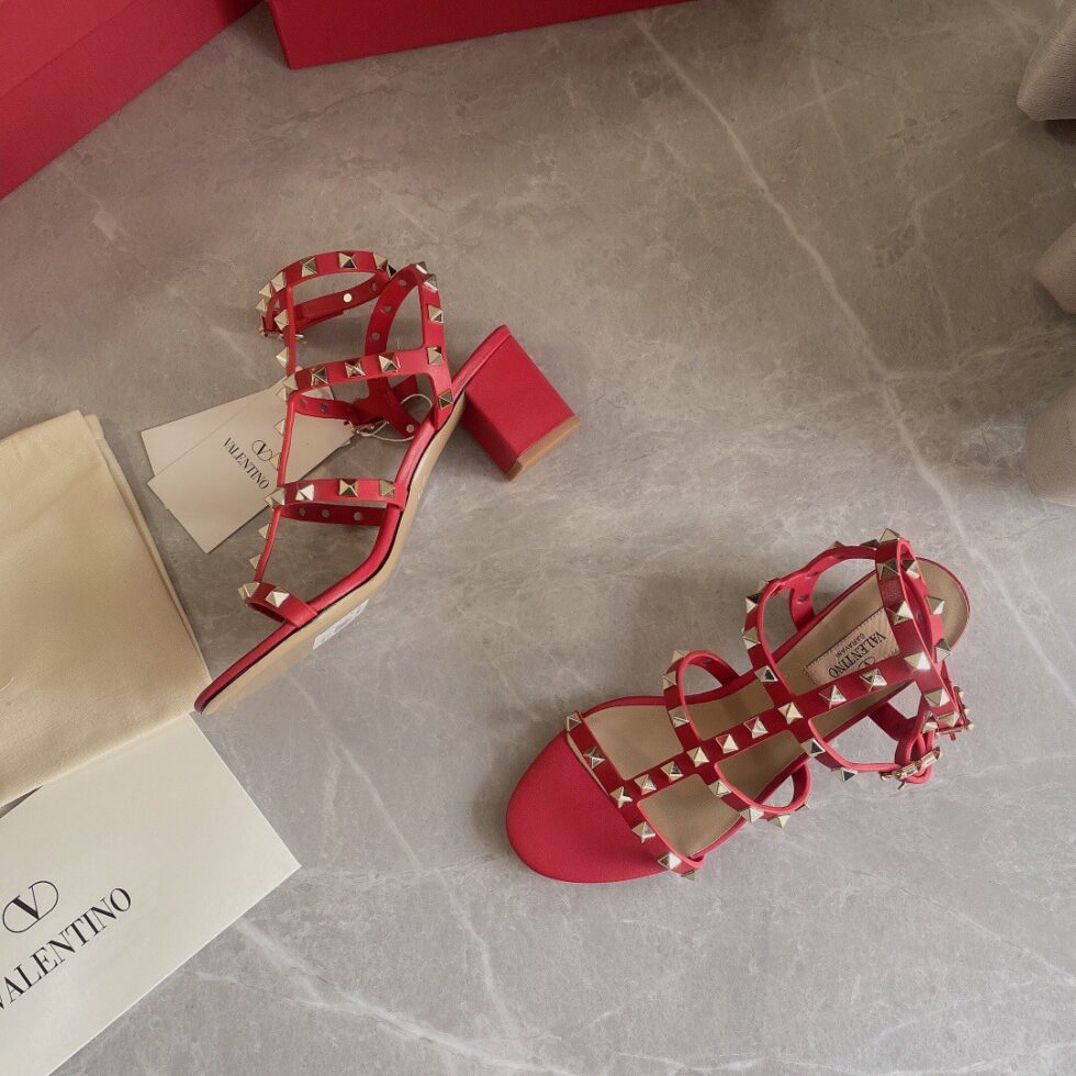 Replica Valentino Rockstud Ankle Strap Sandals 60mm In Red Calfskin 106