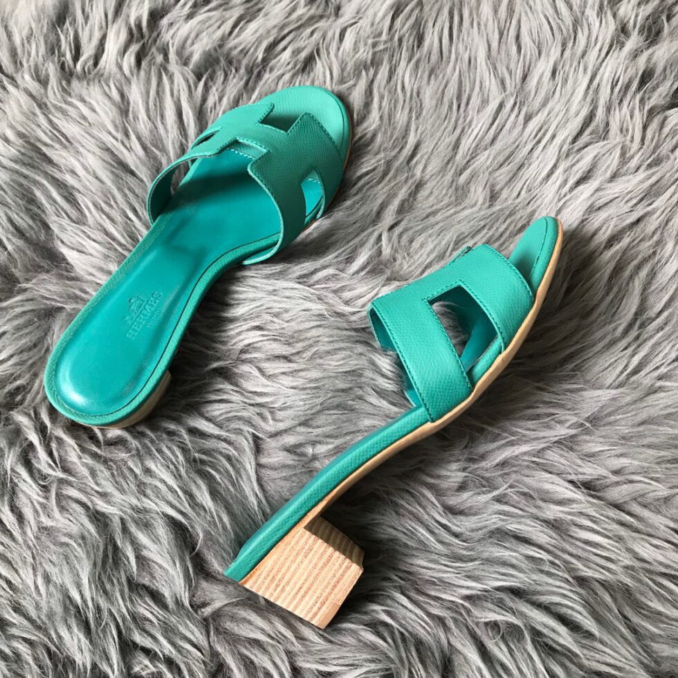 Replica Hermes Oasis Slide Sandals 50mm In Vert Verone Epsom Calfskin 109