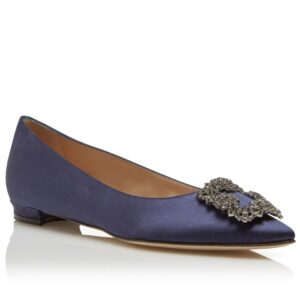 Replica Manolo Blahnik Hangisi Flats In Navy Satin with Crystal Buckle