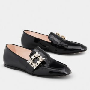 Replica Roger Vivier Mini Broche Buckle Loafers in Black Patent Leather