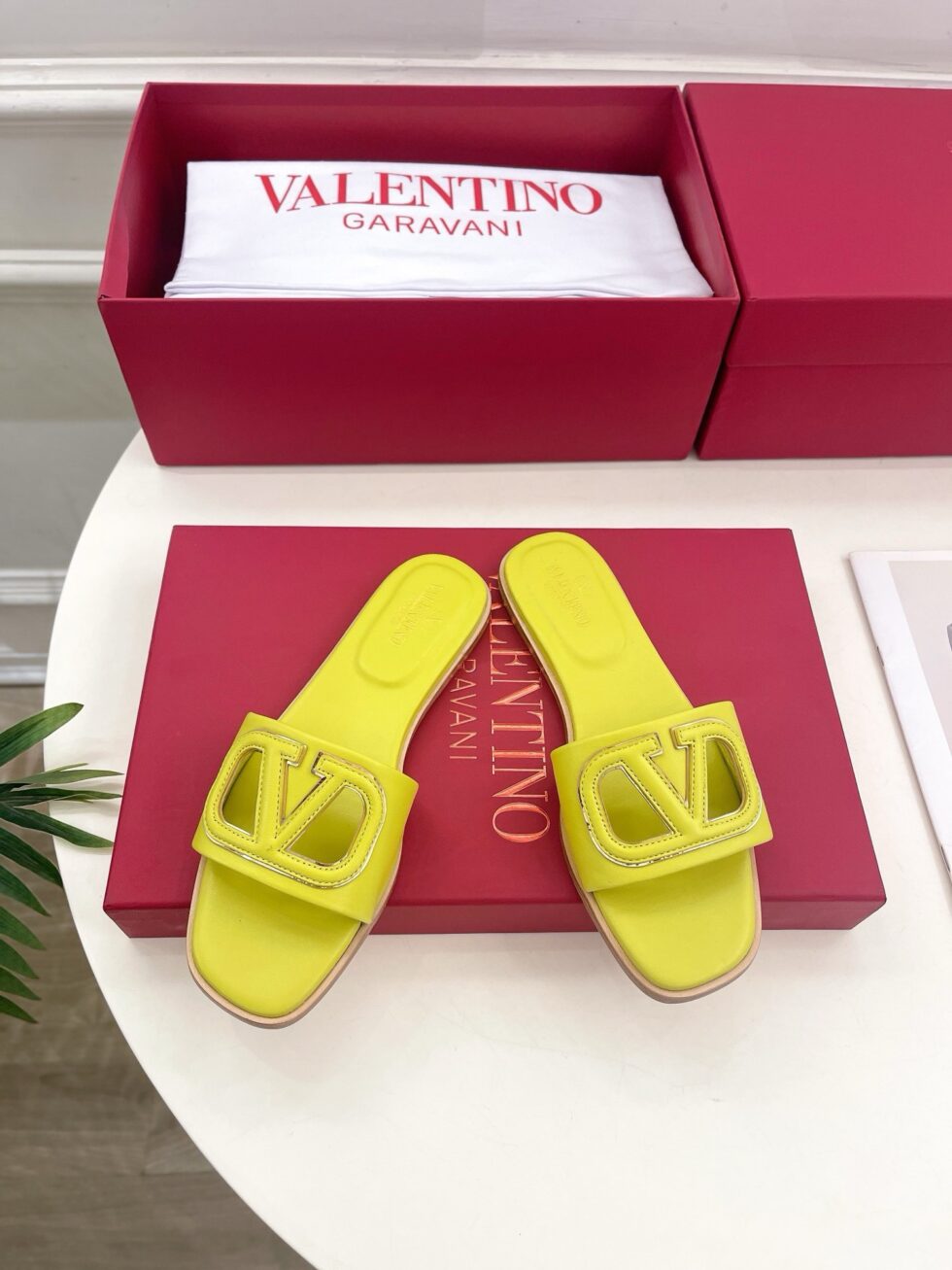 Replica Valentino VLogo Cut-out Slide Sandals in Yellow Leather 105