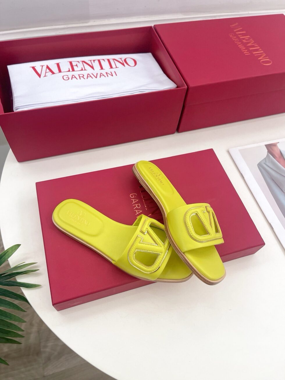 Replica Valentino VLogo Cut-out Slide Sandals in Yellow Leather 108