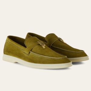 Replica Loro Piana Women’s Summer Charms Walk Loafers in Olive Suede Leather