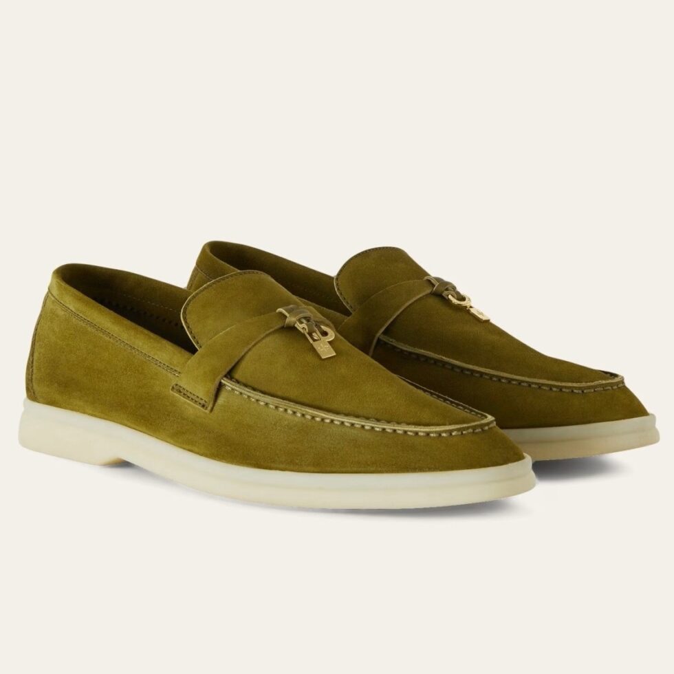 Replica Loro Piana Women’s Summer Charms Walk Loafers in Olive Suede Leather 104