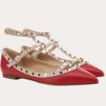 Replica Valentino Cage Rockstud Ballet Flats In Red Calfskin