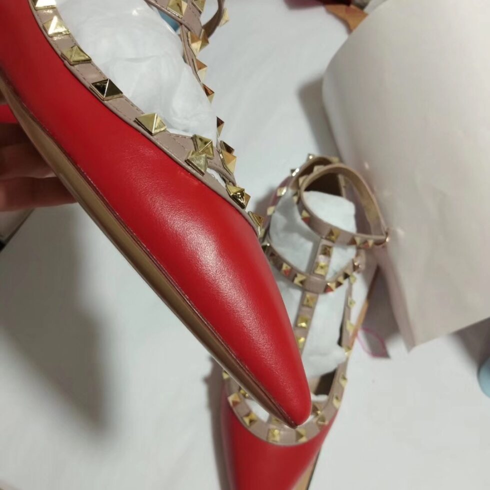 Replica Valentino Cage Rockstud Ballet Flats In Red Calfskin 107