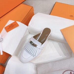 Replica Hermes Women’s Oz Mules with Fringed in White Leather 2