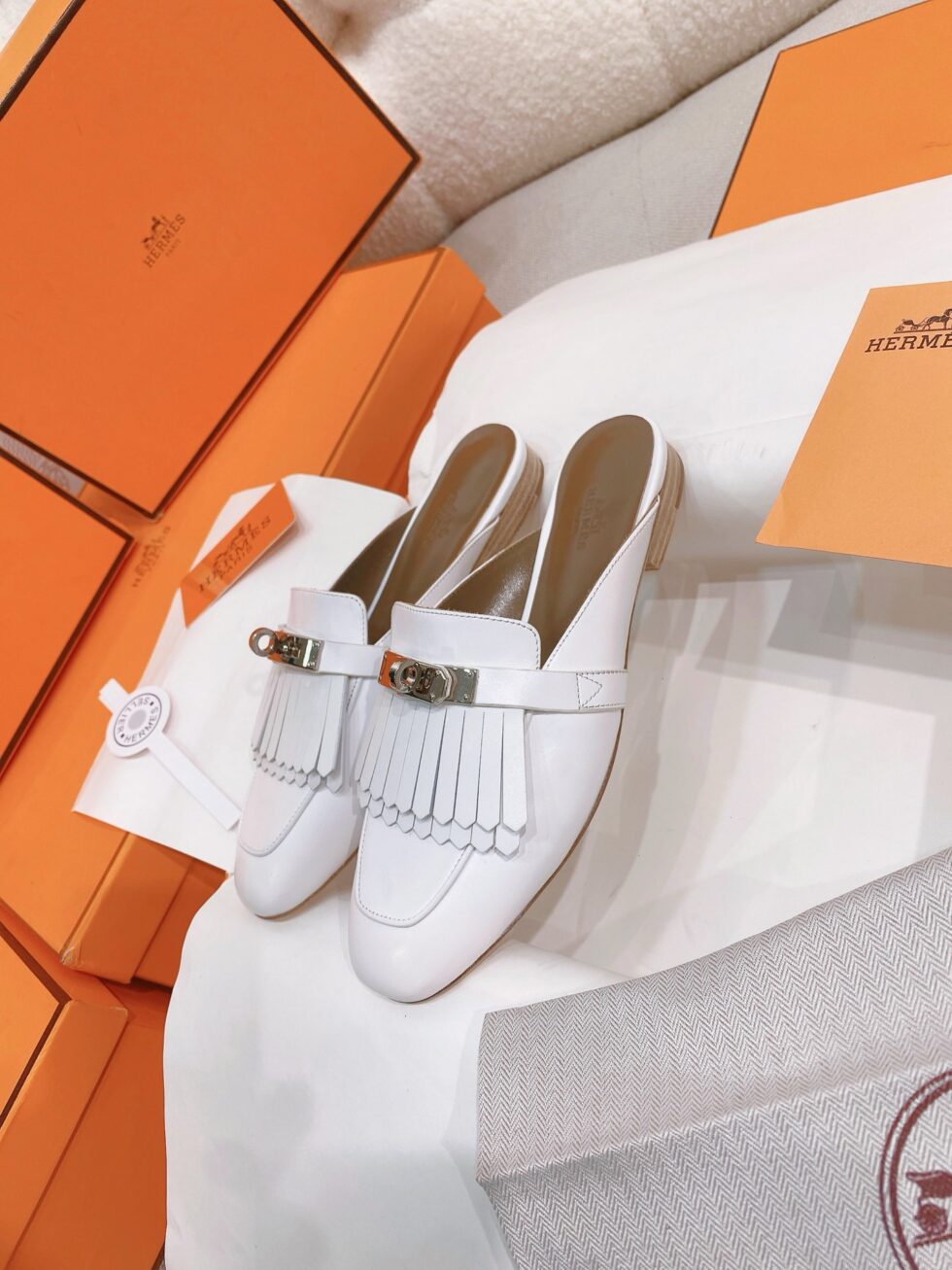 Replica Hermes Women’s Oz Mules with Fringed in White Leather 106