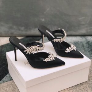 Replica Manolo Blahnik Lurum Crystal 90mm Mules In Black Satin 103