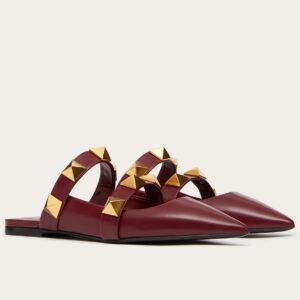 Replica Valentino Roman Stud Flat Mules In Bordeaux Leather