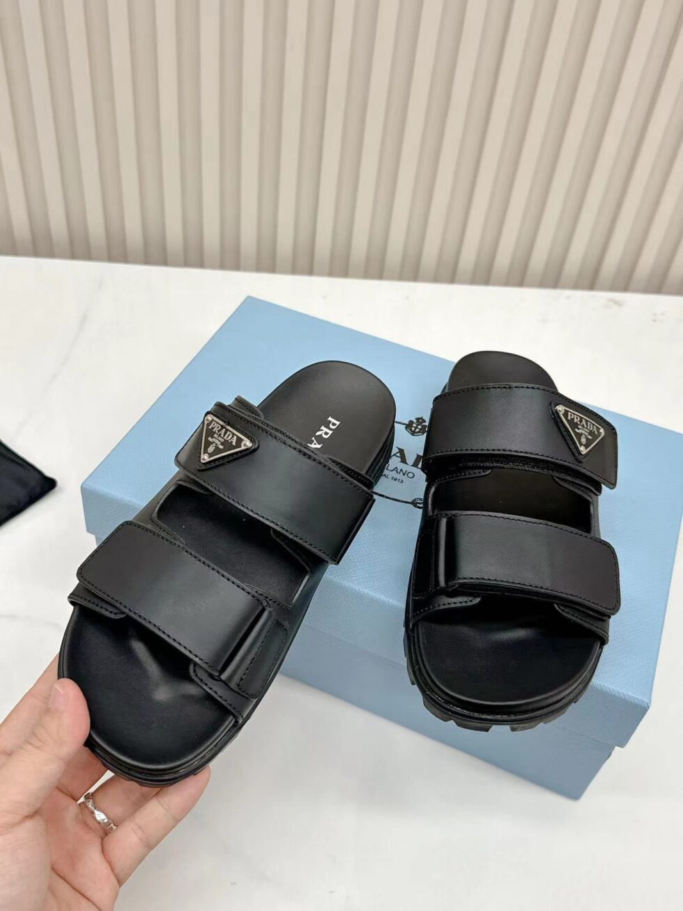 Replica Prada Women’s Strap Slides Sandals in Black Calfskin 106