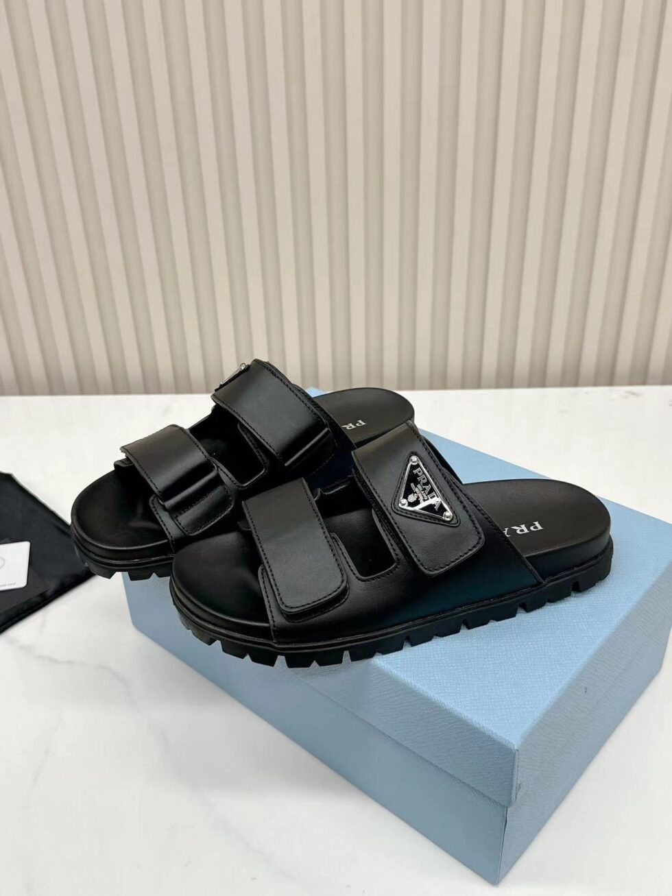 Replica Prada Women’s Strap Slides Sandals in Black Calfskin 107