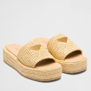 Replica Prada Crochet Flatform Slides in Beige Raffia-effect Yarn