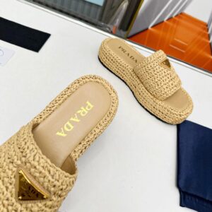 Replica Prada Crochet Flatform Slides in Beige Raffia-effect Yarn 2