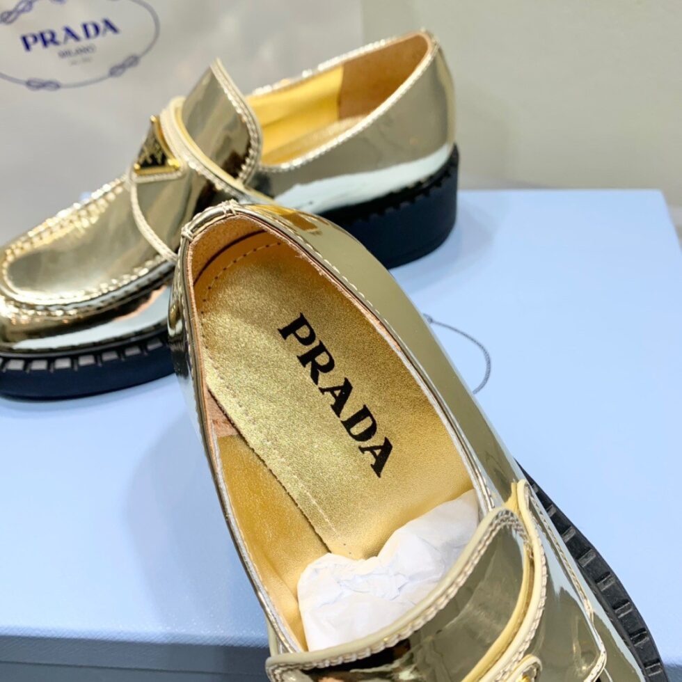 Replica Prada Women’s Loafers In Gold Metallic Leather 106