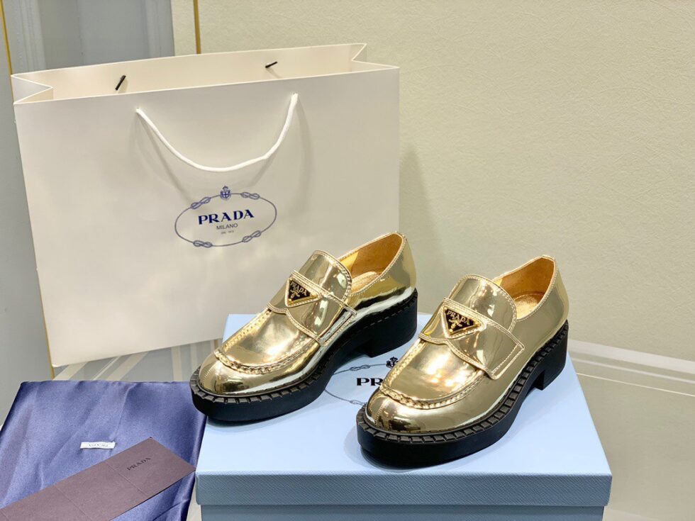 Replica Prada Women’s Loafers In Gold Metallic Leather 109