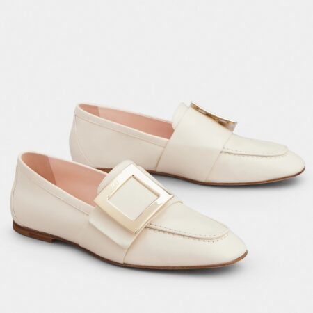 Replica Roger Vivier Soft Metal Buckle Loafers in White Leather